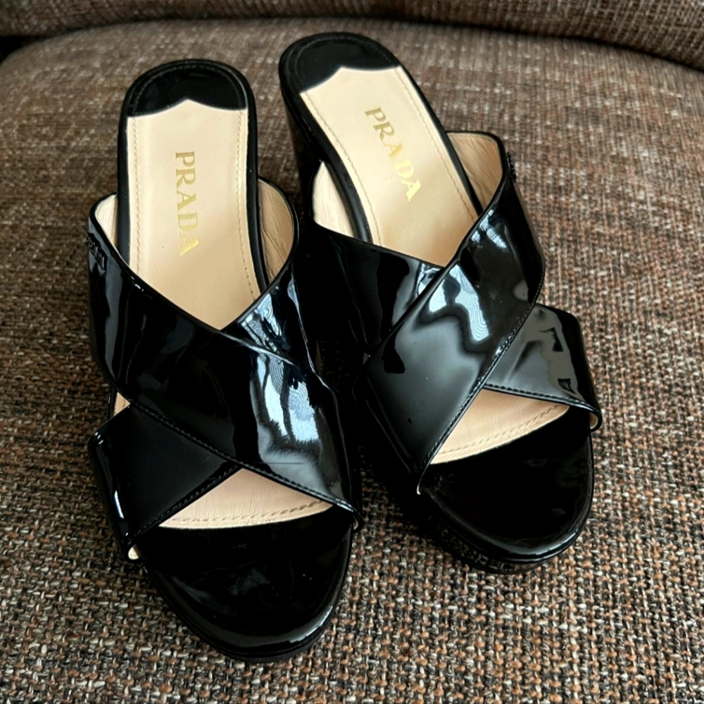 Prada Crosscross Wedge Sandals, Slide, Patent Black Nero, Size 37